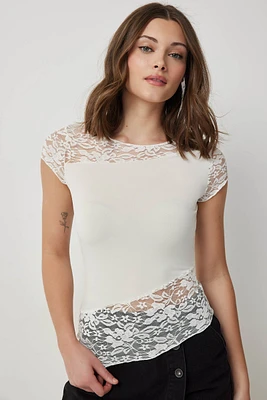 Ardene Asymmetric Top with Lace Inserts in White | Size | Polyester/Spandex/Elastane