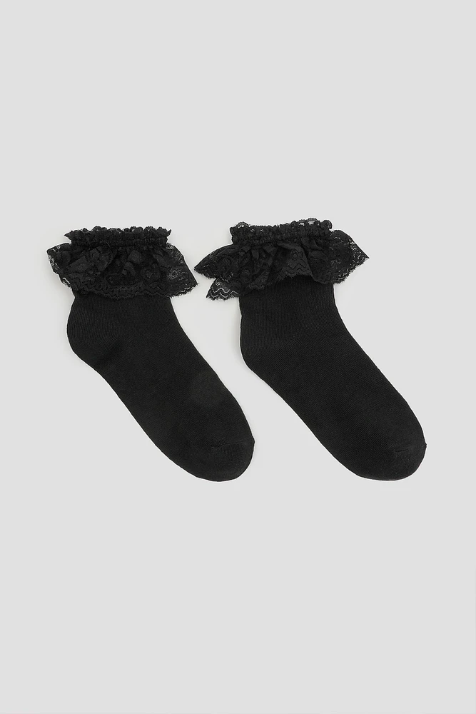 Ardene Kids Lace Trim Demi Crew Socks in Black | Polyester/Spandex