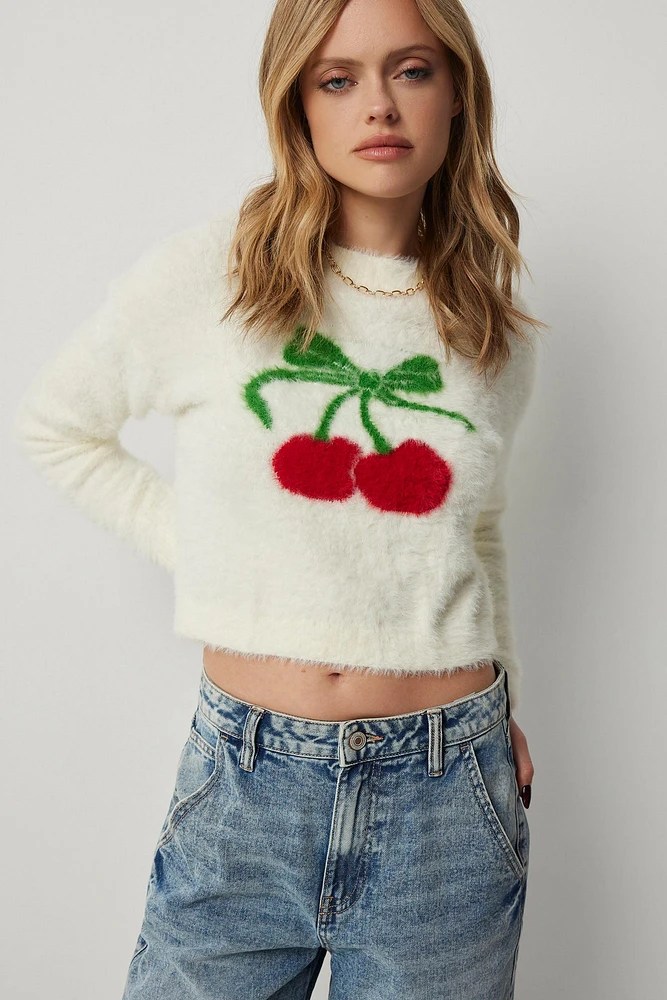 Ardene Fuzzy Crop Cherry Sweater in White | Size | Nylon