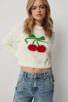 Ardene Fuzzy Crop Cherry Sweater in White | Size | Nylon