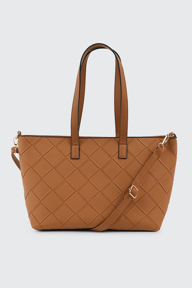 Ardene Basketweave Faux Leather Tote Bag in Cognac | 100% Recycled Polyester/Faux Leather | Eco-Conscious