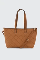 Ardene Basketweave Faux Leather Tote Bag in Cognac | 100% Recycled Polyester/Faux Leather | Eco-Conscious