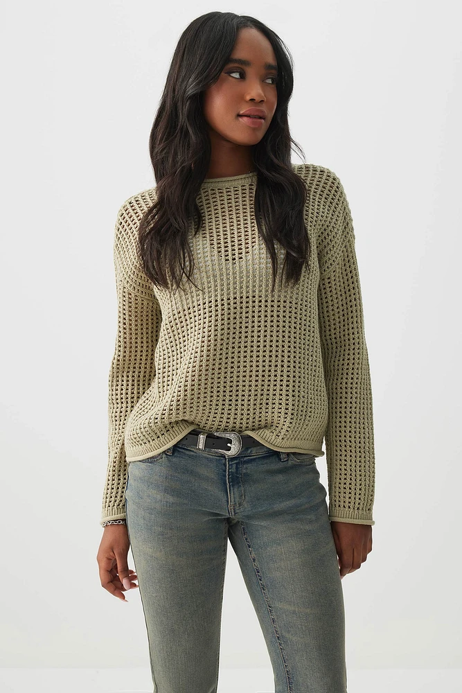 Ardene Open Stitch Crew Neck Sweater in Khaki | Size | 100% Cotton