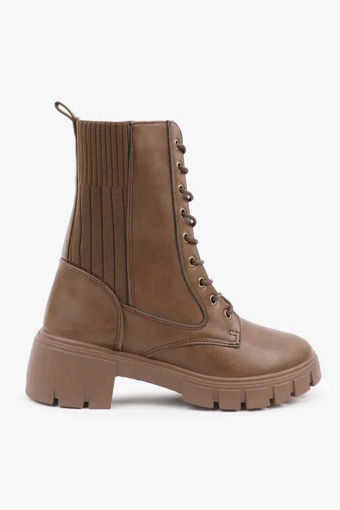 Ardene Stretch Gore Combat Boots in Brown | Size | Faux Leather