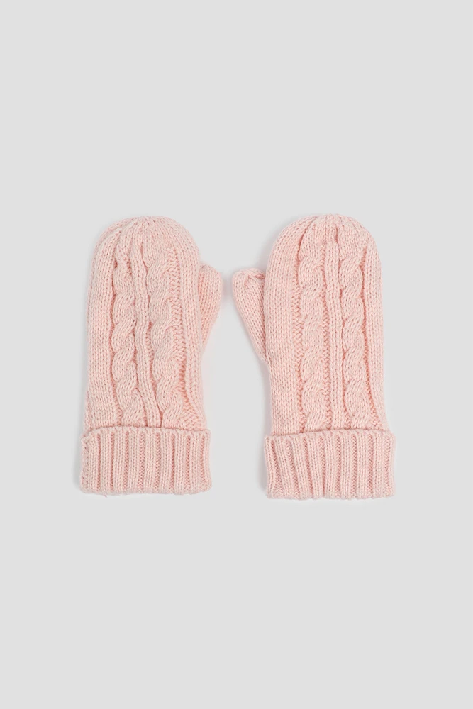 Ardene Kids Cable Knit Mittens in Light Pink | 100% Acrylic