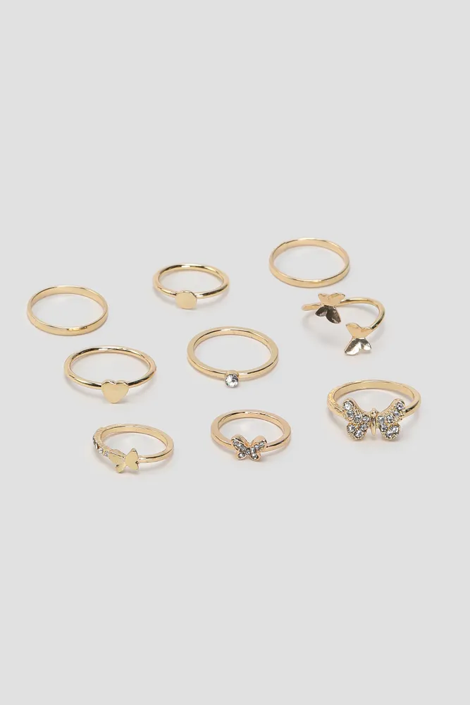 Ardene 9-Pack Butterfly Rings in Gold | Size