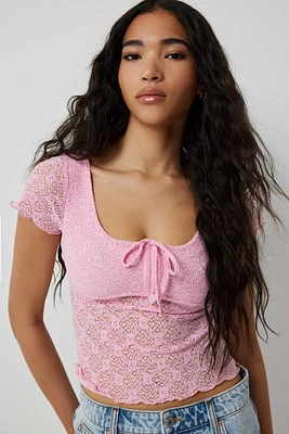 Ardene Lace T-Shirt with Tie Detail in Light Pink | Size | Polyester/Elastane