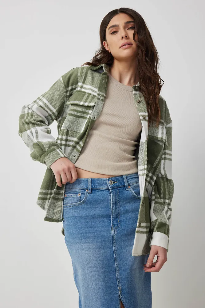 Ardene Wool Like Plaid Shacket in Khaki | Size | Polyester