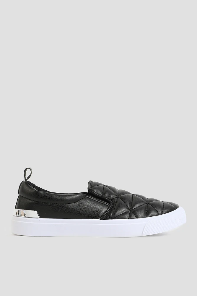 Ardene Quilted Slip-On Sneakers in Black | Size | Faux Leather