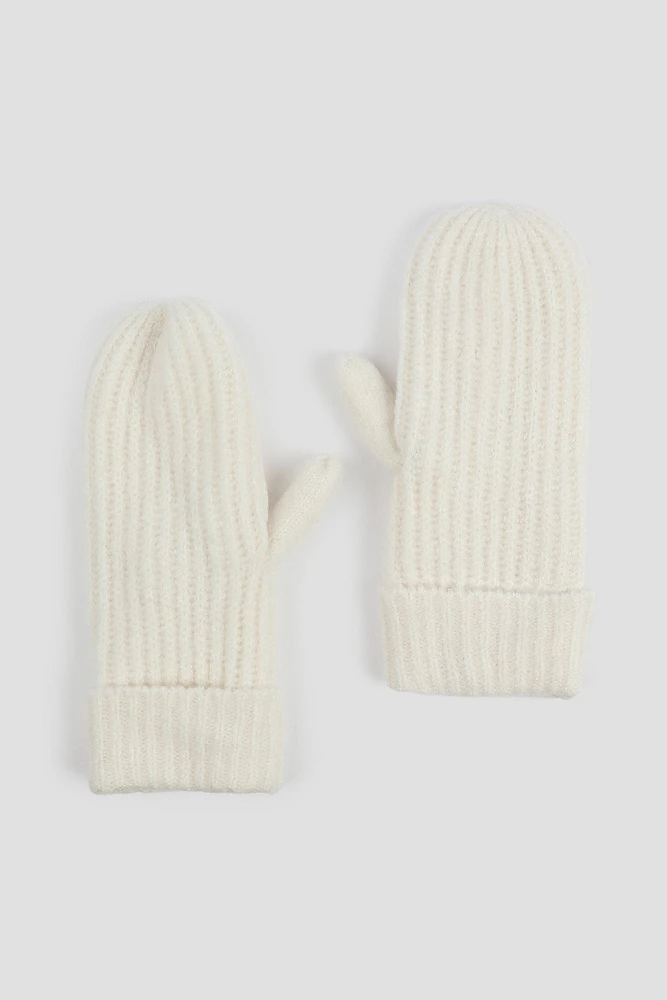 Ardene Ribbed Knit Mittens in White | Polyester/Elastane/Polyamide