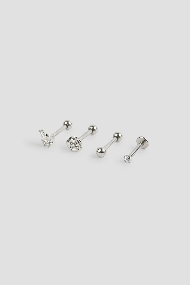 Ardene 4-Pack Cartilage Piercings with Rose Detail in Silver