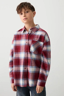 Ardene Kids Flannel Plaid Shirt in Burgundy | Size | 100% Cotton