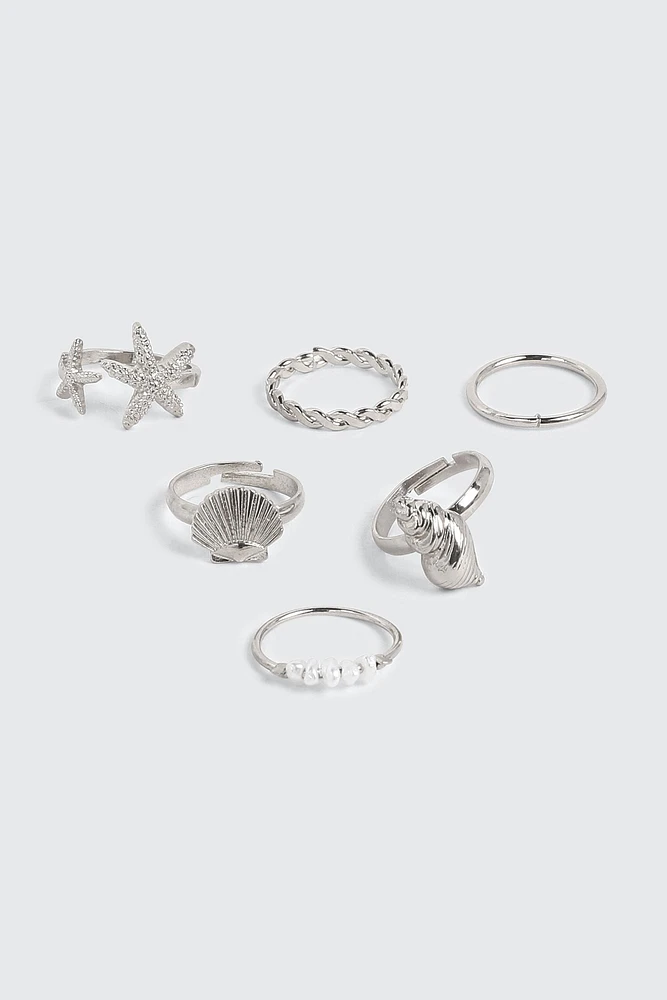 Ardene 6-Pack Assorted Sea Rings in Silver | Size