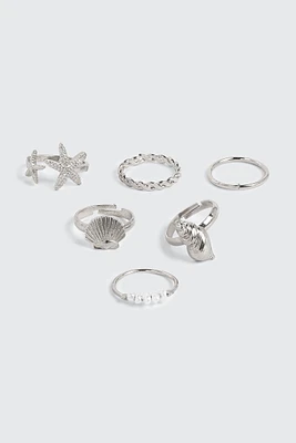 Ardene 6-Pack Assorted Sea Rings in Silver | Size