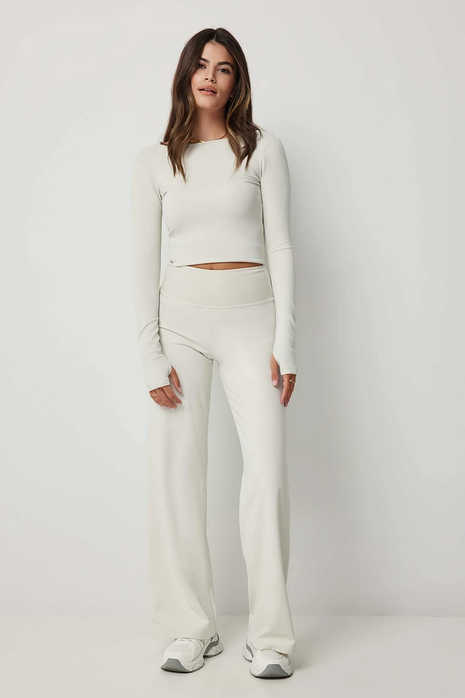 Ardene Rib Waistband Straight Leg Pants in White | Size | Nylon/Elastane | Eco-Conscious