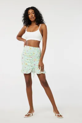 Ardene Floral Ruffle Hem Mini Skirt in Light Green | Size | Rayon
