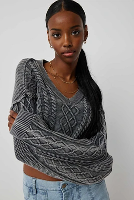 Ardene Washed Cable Knit Sweater in Grey | Size | 100% Cotton