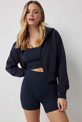Ardene Cropped Zip-Up Hoodie in Dark Blue | Size | Polyester/Cotton | Fleece-Lined | Eco-Conscious