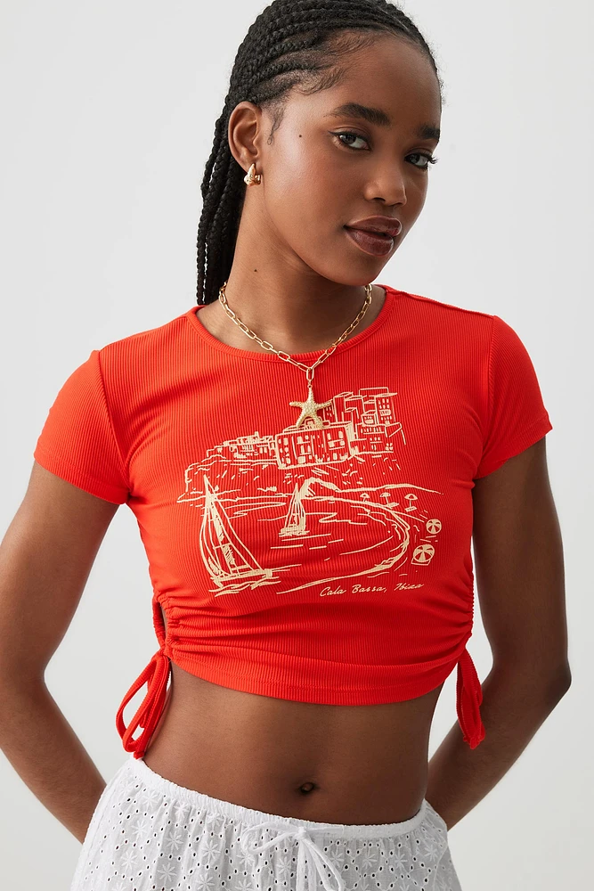 Ardene Ultra Crop Graphic T-Shirt with Side Ruching in Red | Size | Polyester/Elastane | Eco-Conscious