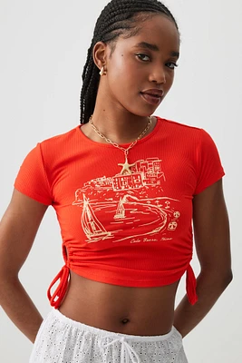 Ardene Ultra Crop Graphic T-Shirt with Side Ruching in Red | Size | Polyester/Elastane | Eco-Conscious