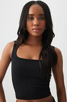 Ardene Crop Seamless Trapeze Neck Tank Top in Black Liquorice Twist | Size | Nylon/Spandex | Eco-Conscious