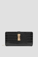 Ardene Croc Embossed Wallet in Black | Faux Leather/Polyester