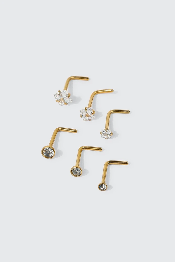 Ardene 6-Pack Square & Round Stone Nose Studs in Gold