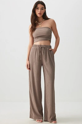 Ardene Seersucker Wide Leg Pants in Brown | Size | Polyester/Spandex