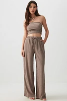 Ardene Seersucker Wide Leg Pants in Brown | Size | Polyester/Spandex