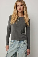 Ardene Basic Short Long Sleeve T-Shirt in Dark Grey | Size | Cotton/Elastane | Eco-Conscious