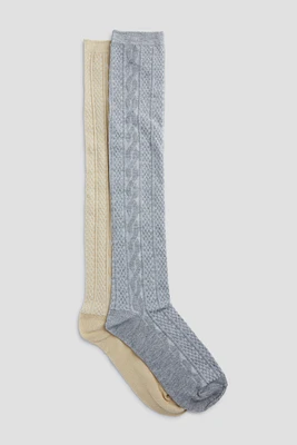 Ardene 2-Pack Knee High Cable Knit Socks in Beige | Polyester/Spandex