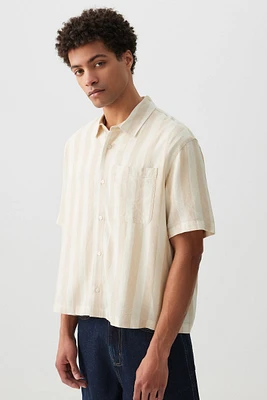 Ardene Man Striped Linen Blend Short Sleeve Shirt For Men in Beige | Size | Rayon