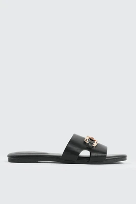 Ardene Square Toe Flat Sandals with Metal Ornament in Black | Size | Faux Leather | Eco-Conscious