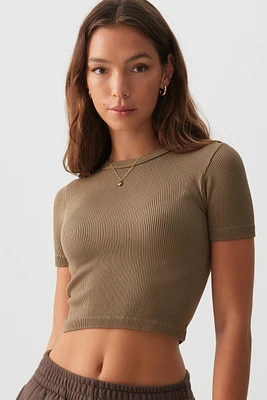 Ardene Crop Seamless Crew Neck T-Shirt in Terra Brown | Size | Polyester/Nylon/Elastane