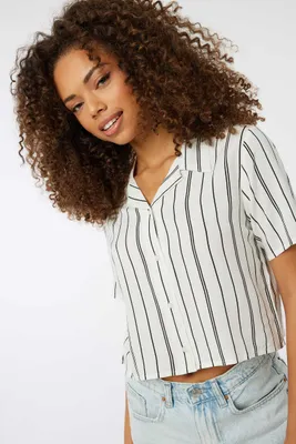 Ardene Striped Short-Sleeve Blouse in White | Size | 100% Viscose