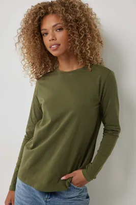 Ardene Basic Long Sleeve T-Shirt in Khaki | Size | Cotton/Elastane