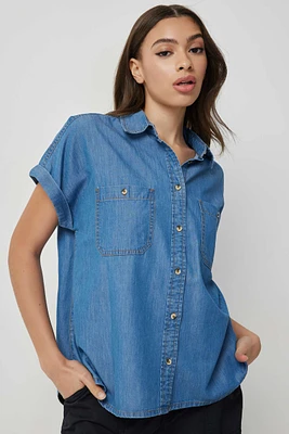 Ardene Short Sleeve Chambray Shirt in Blue | Size | Cotton/Viscose