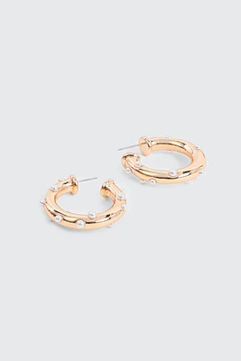 Ardene Tubular Hoop Earrings with Mini Pearls in Gold | Stainless Steel