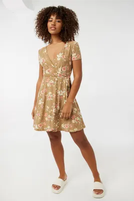 Ardene Floral Wrap Dress in Beige | Size | Polyester/Spandex