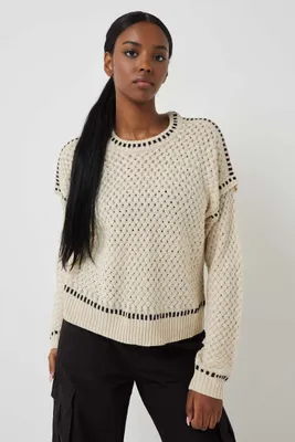 Ardene Contrast Stitching Sweater in Beige | Size | 100% Acrylic