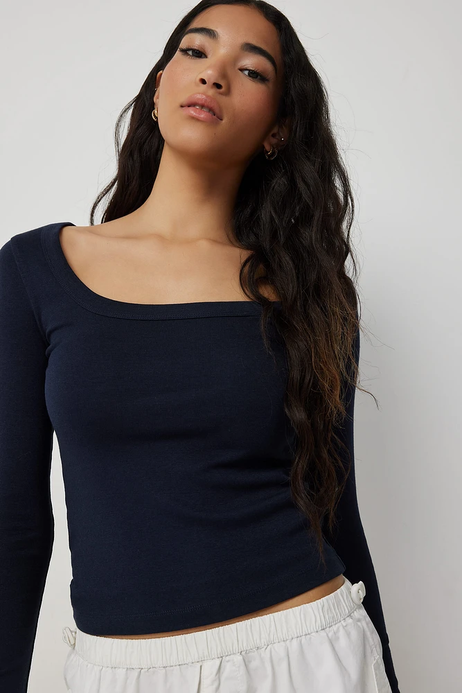 Ardene Crop Scoop Neck Long Sleeve Top in Dark Blue | Size | Cotton/Elastane