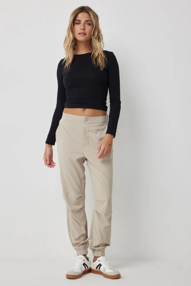 Ardene Smooth Stretch Cargo Sweatpants in Beige | Size | Polyester/Elastane