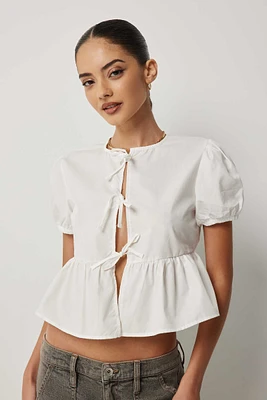 Ardene Peplum Tie Front Blouse in White | Size | Polyester/Cotton