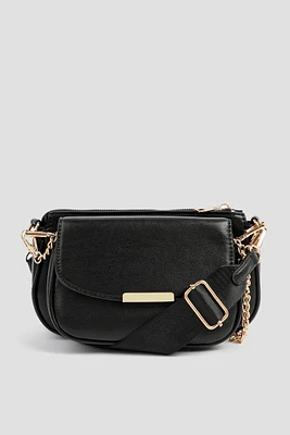 Ardene Two-Compartment Crossbody Bag in Black | Faux Leather/Polyester/Nylon