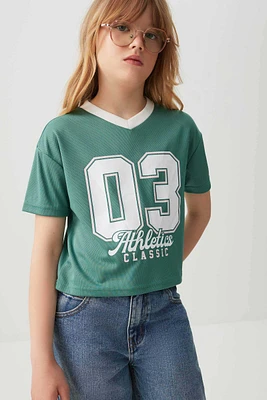 Ardene Kids Athletics Graphic Boxy T-Shirt in Medium Green | Size | Polyester