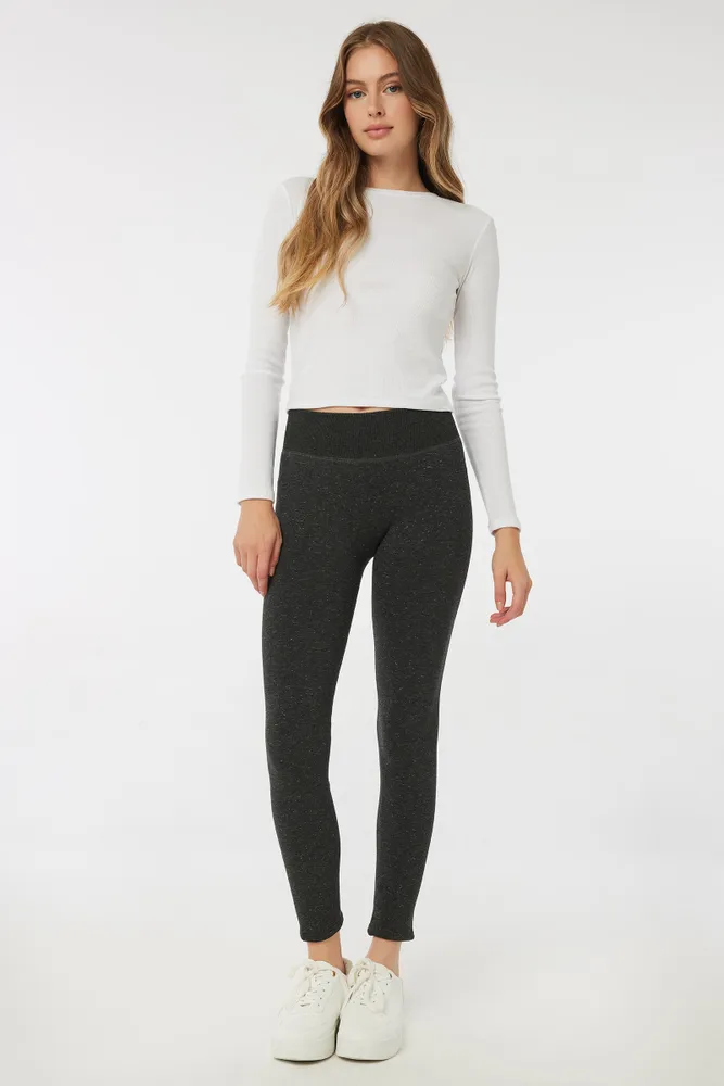 Ardene Faux Fur Lined Shiny Leggings in Grey | Polyester/Spandex