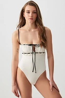 Ardene One Piece Swimsuit with Contrast Bow in White | Size | Polyester/Nylon/Spandex | Microfiber