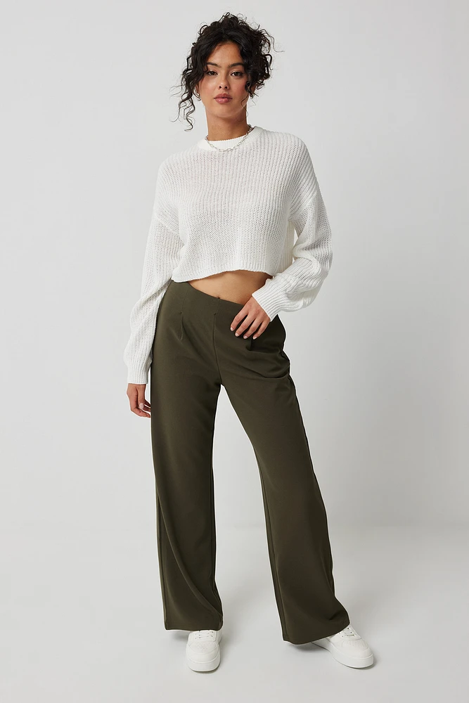 Ardene High Rise Wide Leg Pleated Pants in Khaki | Size | Polyester/Spandex