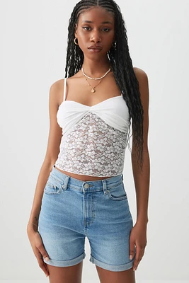 Ardene High Rise Midi Denim Shorts in Medium Blue | Size | Cotton/Elastane