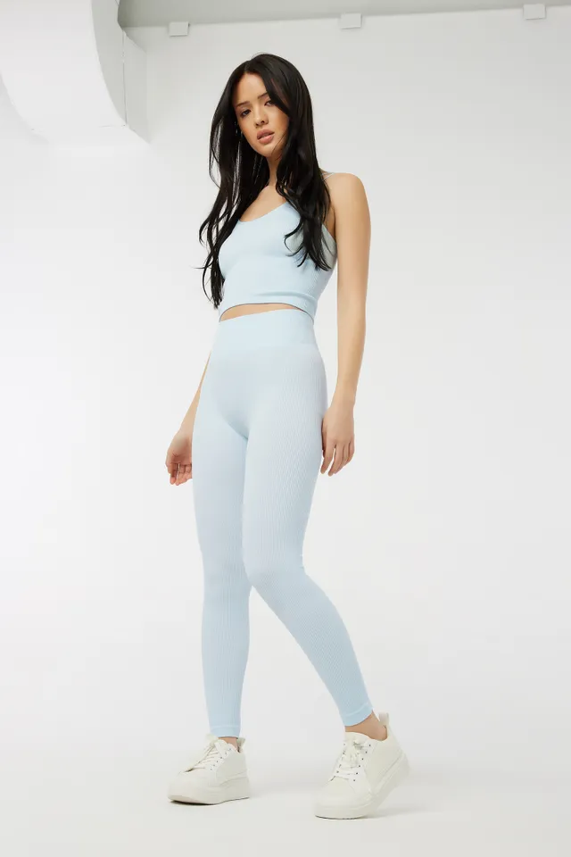 Ardene Seamless Ribbed Leggings in Light Blue, Size Medium, Nylon/Spandex